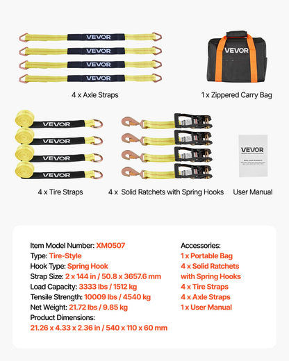 Wheel Chock Tie-Down Kit, Tire-Style Trailer Tie Down Strap, Car Tie Down Kit with Spring Hook, Break Strength 10009 lbs & Working Load 3333 lbs Motorcycle Tie-Down System for ATV, SUV, Trailer