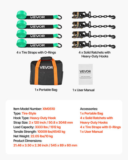 Wheel Chock Tie-Down Kit, Tire-Style Tow Dolly Strap, Car Tie Down Kit with Heavy-Duty Hook, Break Strength 10009 lbs & Working Load 3333 lbs Motorcycle Tie-Down System with O-Ring for ATV, SUV