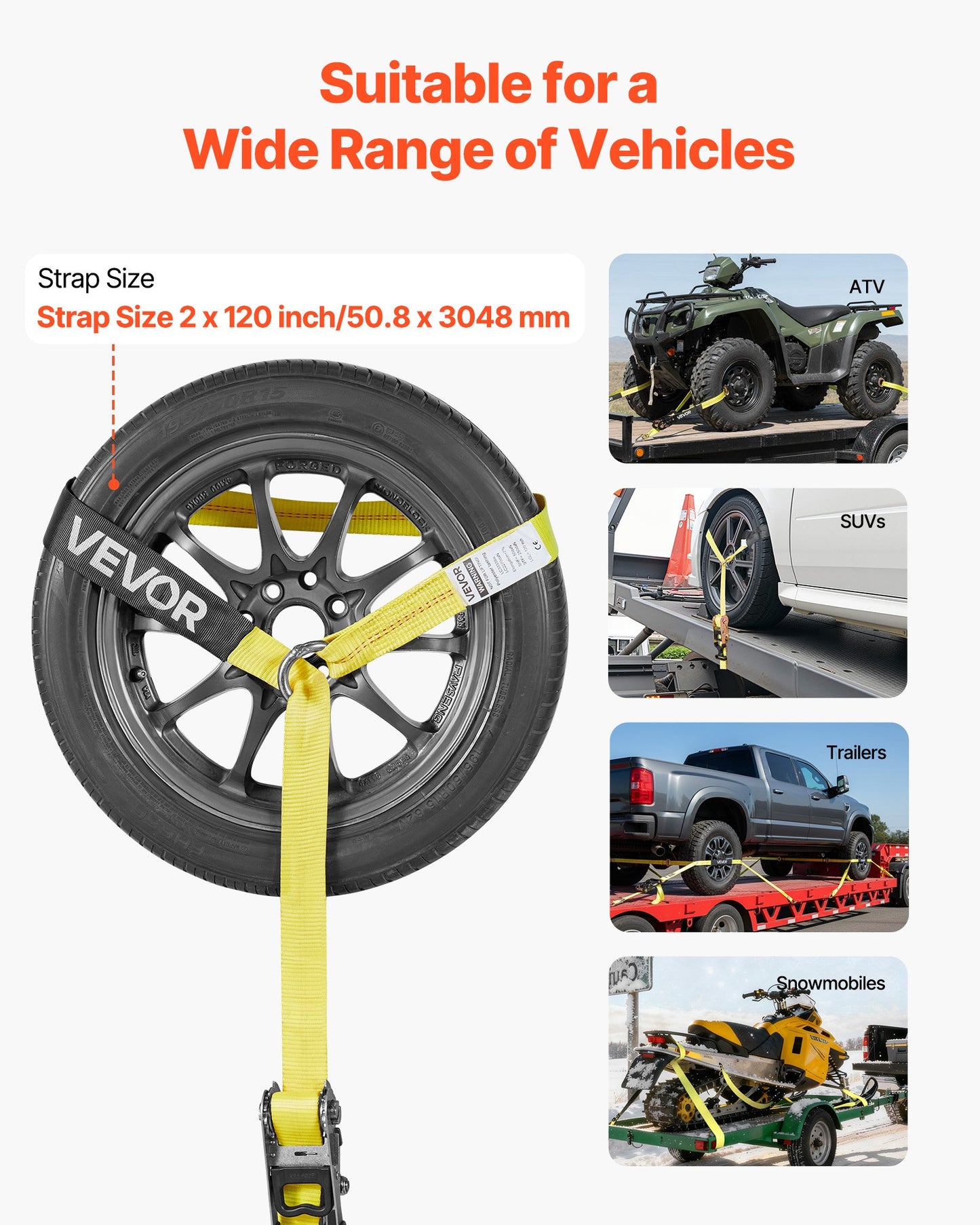 Wheel Chock Tie-Down Kit, Tire-Style Tow Dolly Strap, Car Tie Down Kit with Heavy-Duty Hook, Break Strength 10009 lbs & Working Load 3333 lbs Motorcycle Tie-Down System for ATV, SUV, Snowmobiles