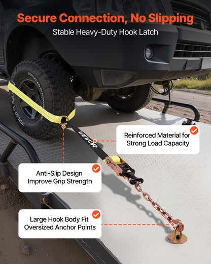 Wheel Chock Tie-Down Kit, Tire-Style Tow Dolly Strap, Car Tie Down Kit with Heavy-Duty Hook, Break Strength 10009 lbs & Working Load 3333 lbs Motorcycle Tie-Down System for ATV, SUV, Snowmobiles