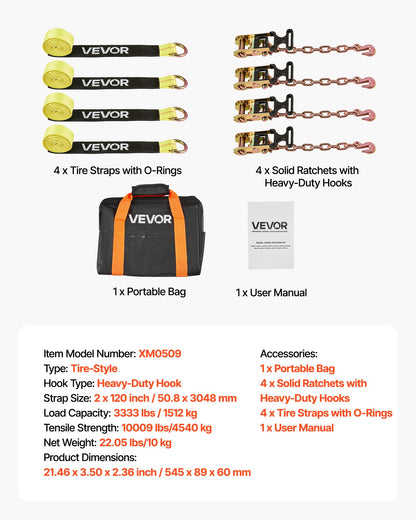 Wheel Chock Tie-Down Kit, Tire-Style Tow Dolly Strap, Car Tie Down Kit with Heavy-Duty Hook, Break Strength 10009 lbs & Working Load 3333 lbs Motorcycle Tie-Down System for ATV, SUV, Snowmobiles