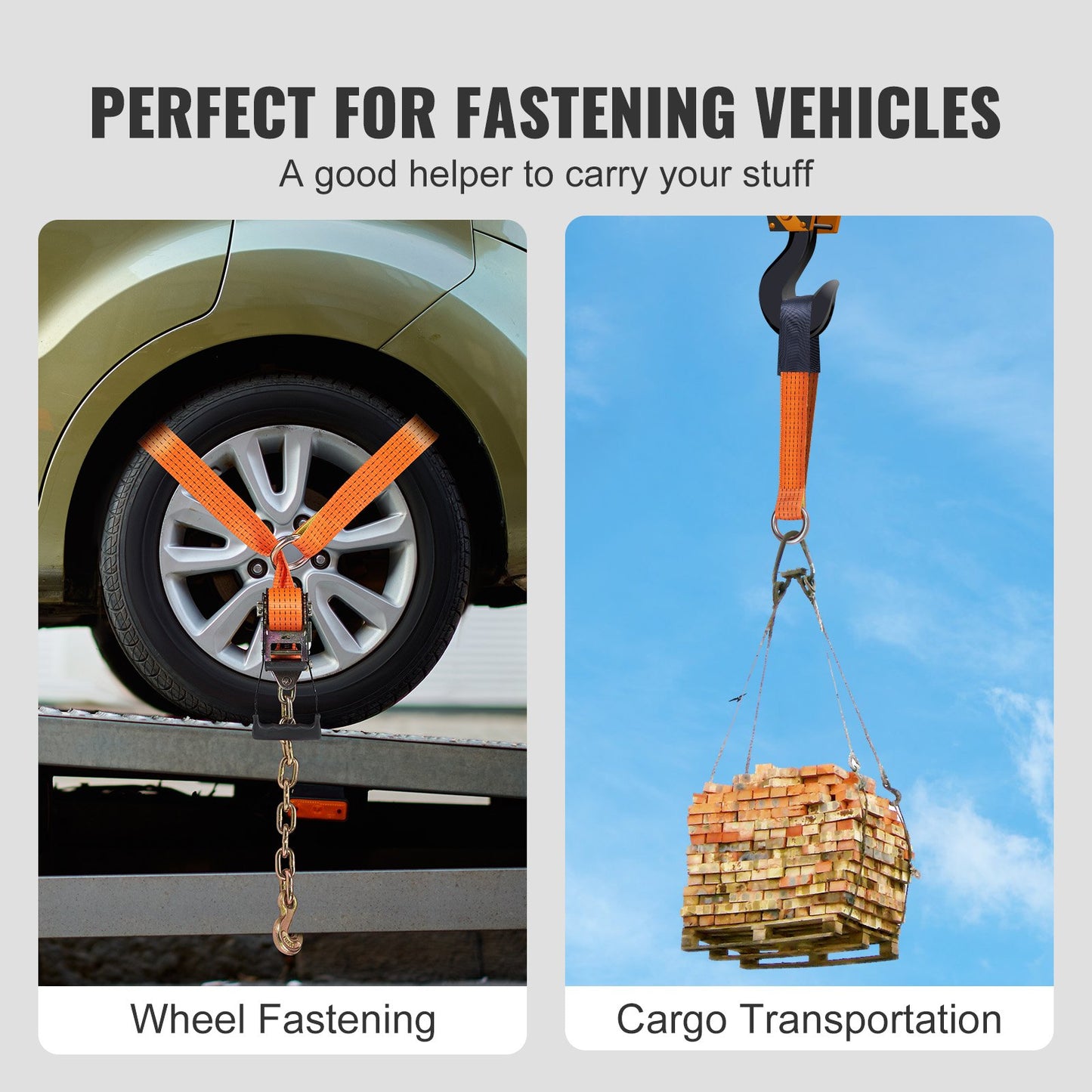 Car Tie Down with Chain Anchors, Lasso Style 2"×120" Tire Strap, 5865 LBS Working Load, 11023 LBS Breaking Strength, with Heavy Duty Latches for Car, ATV, SUV, UTV, Truck, 4-Pack