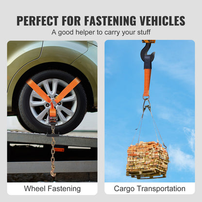 Car Tie Down with Chain Anchors, Lasso Style 2"×120" Tire Strap, 5865 LBS Working Load, 11023 LBS Breaking Strength, with Heavy Duty Latches for Car, ATV, SUV, UTV, Truck, 4-Pack