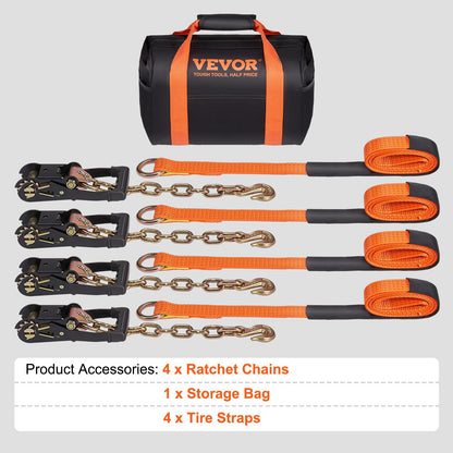 Car Tie Down with Chain Anchors, Lasso Style 2"×120" Tire Strap, 5865 LBS Working Load, 11023 LBS Breaking Strength, with Heavy Duty Latches for Car, ATV, SUV, UTV, Truck, 4-Pack