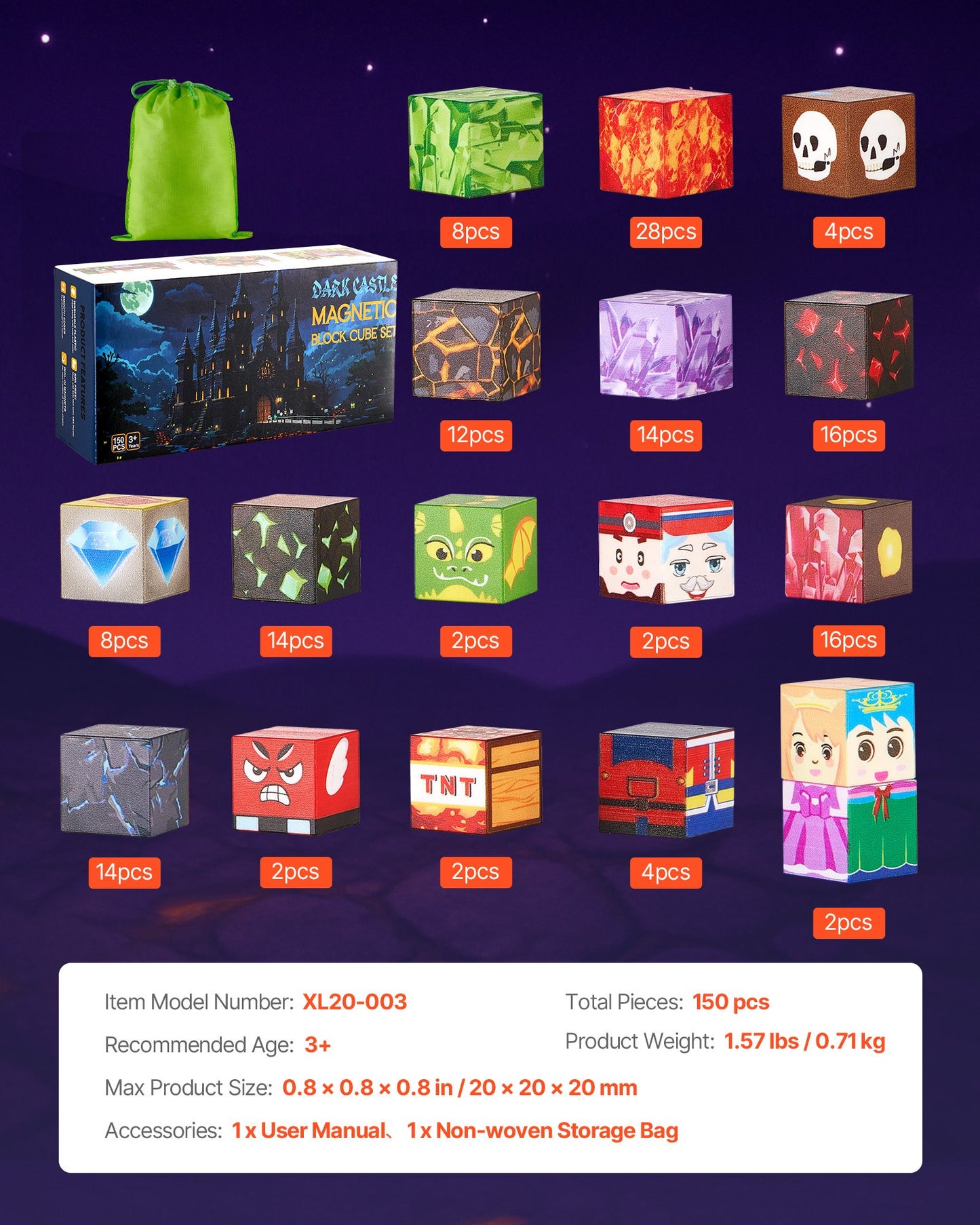 Magnetic Blocks, 150 PCS Dark Castle Set, Magnetic Building Cubes for Kids, STEM Montessori Sensory Toys for Christmas Birthday Gift, Construction Stacking Toy for 3+ Years Old Boys & Girls