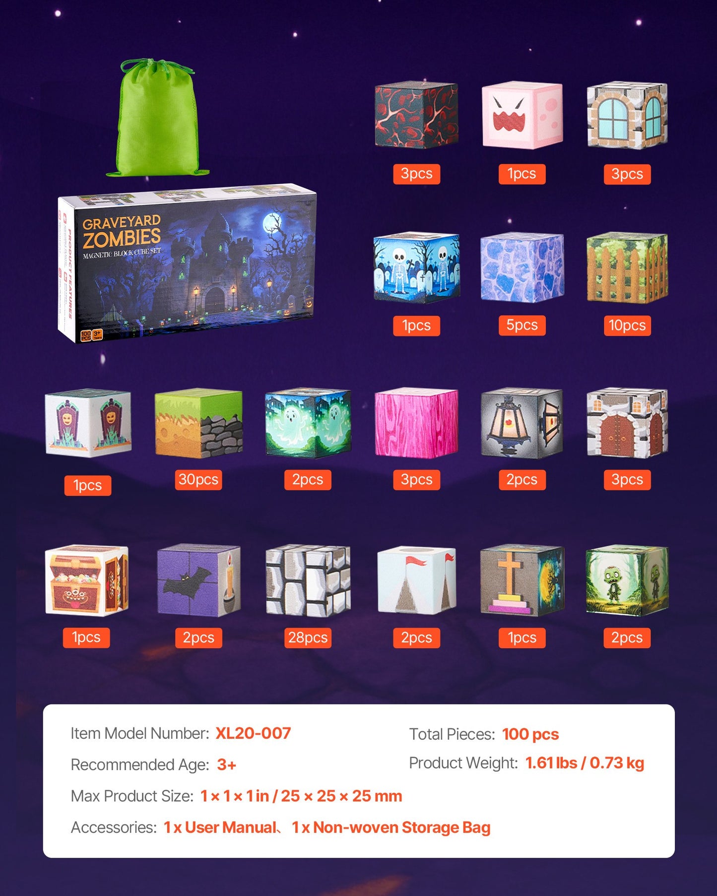 Magnetic Blocks, 100 PCS Cemetery Zombies Set, Magnetic Building Cubes for Kids, STEM Montessori Sensory Toys for Christmas Birthday Gift, Construction Stacking Toy for 3+ Years Old Boys & Girls