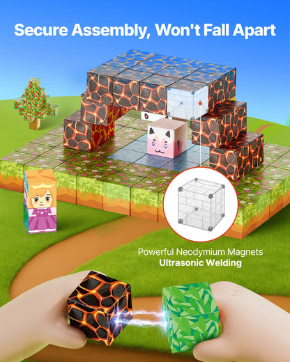Magnetic Blocks, 150 PCS Forest Castle Set, Magnetic Building Cubes for Kids, STEM Montessori Sensory Toys for Christmas Birthday Gift, Construction Stacking Toy for 3+ Years Old Boys & Girls