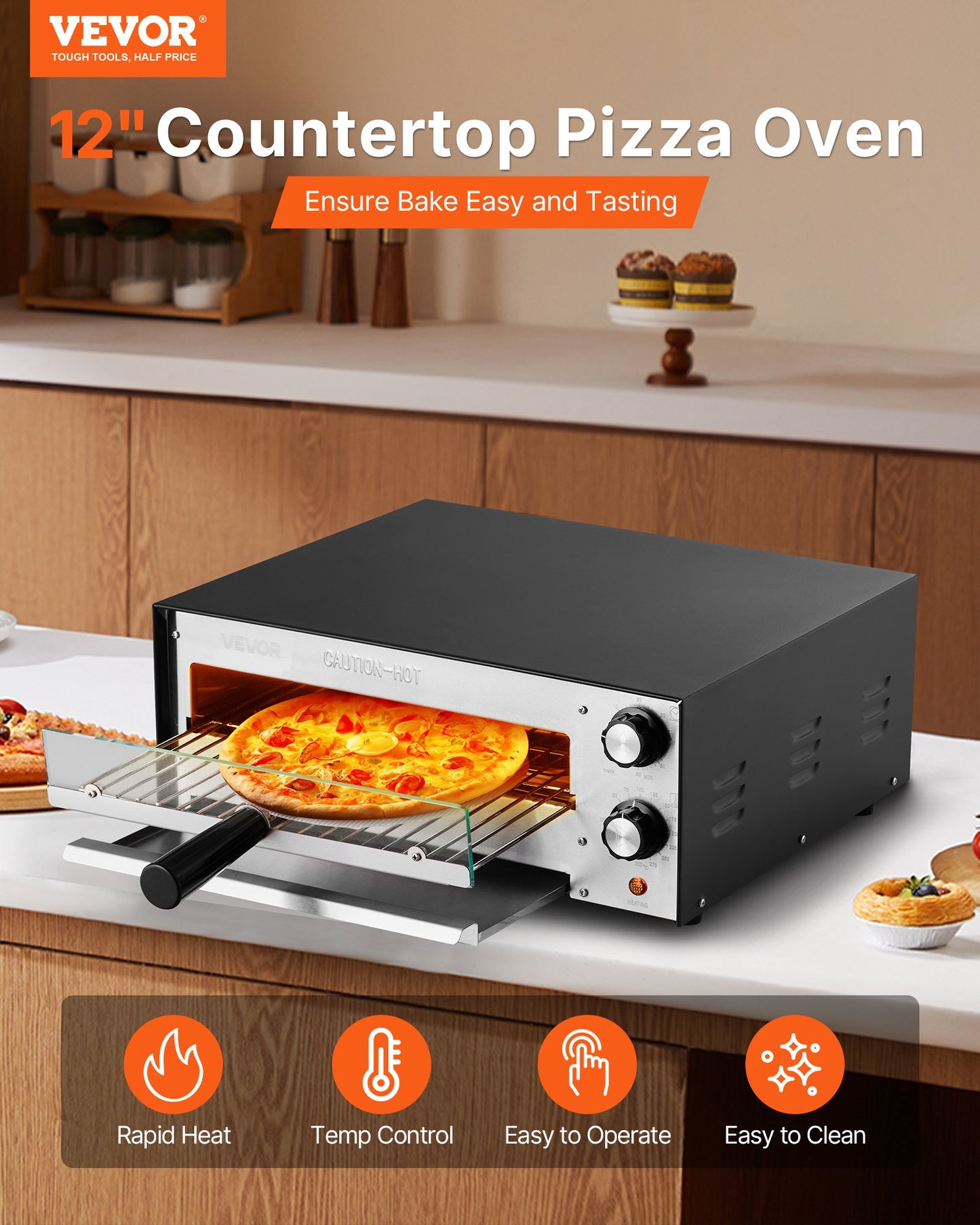 Electric Pizza Oven, 12-inch Countertops Pizza Ovens, 572°F Max Temp, 1450W Indoor Pizzas Maker w/Timing & Temp Control, Pizza Cooker w/Dual Heat Tube, Crumb Tray, for Diner and Home Kitchen