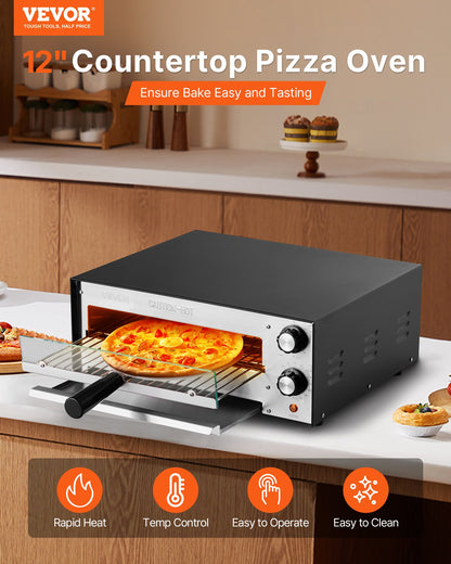 Electric Pizza Oven, 12-inch Countertops Pizza Ovens, 572°F Max Temp, 1450W Indoor Pizzas Maker w/Timing & Temp Control, Pizza Cooker w/Dual Heat Tube, Crumb Tray, for Diner and Home Kitchen
