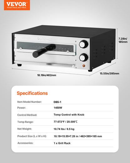 Electric Pizza Oven, 12-inch Countertops Pizza Ovens, 572°F Max Temp, 1450W Indoor Pizzas Maker w/Timing & Temp Control, Pizza Cooker w/Dual Heat Tube, Crumb Tray, for Diner and Home Kitchen