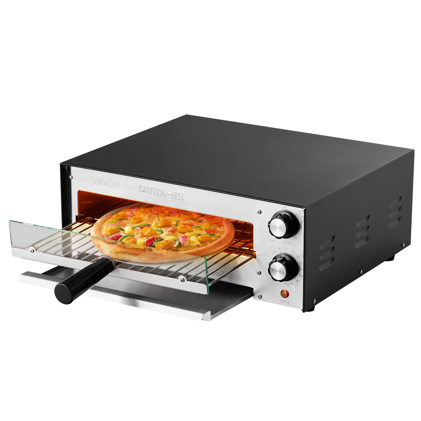 Electric Pizza Oven, 12-inch Countertops Pizza Ovens, 572°F Max Temp, 1450W Indoor Pizzas Maker w/Timing & Temp Control, Pizza Cooker w/Dual Heat Tube, Crumb Tray, for Diner and Home Kitchen