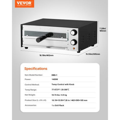 Electric Countertop Pizza Oven 12-inch 1450W Adjustable Temperature 77 to 572°F | EU