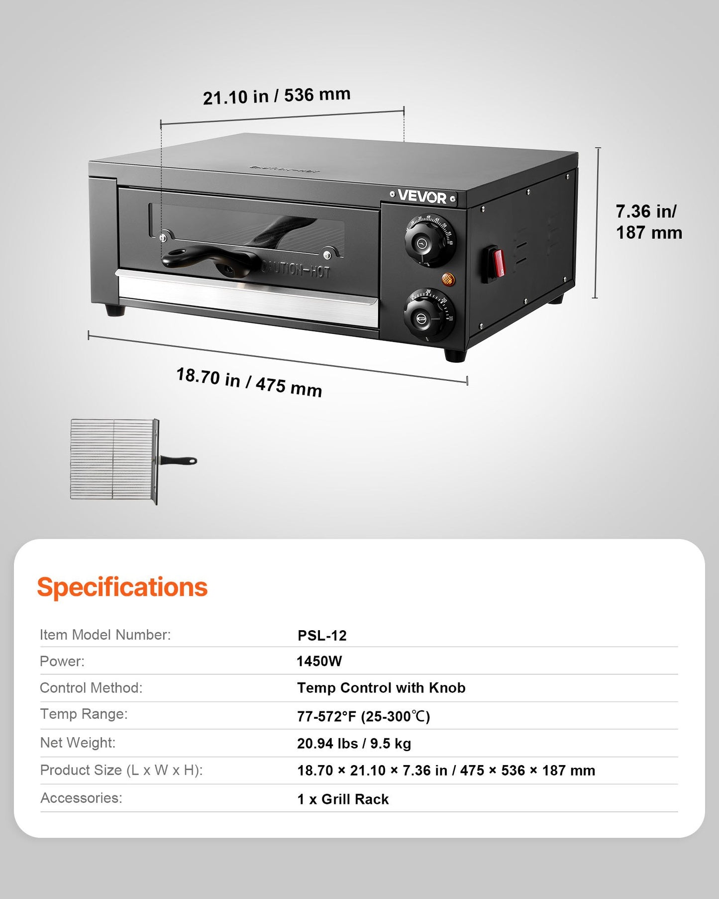 Electric Pizza Oven, 12 in Countertop Pizza Oven, 77 to 572°F Temp Range, 1450W Indoor Pizzas Maker w/Timing & Temp Control, Pizzas Cooker w/Dual Heat Tube, Grill Rack, for Kitchen & Commercial