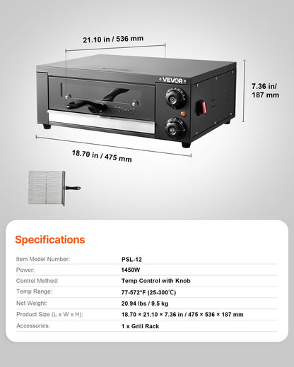 Electric Pizza Oven, 12 in Countertop Pizza Oven, 77 to 572°F Temp Range, 1450W Indoor Pizzas Maker w/Timing & Temp Control, Pizzas Cooker w/Dual Heat Tube, Grill Rack, for Kitchen & Commercial