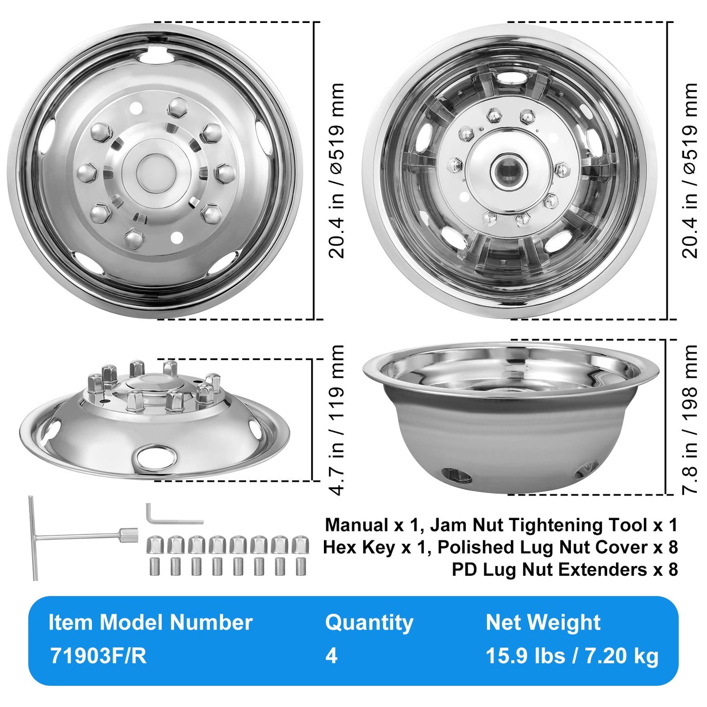 19.5-inch 10 Lug Wheel Simulators, 304 Stainless Steel Wheel Simulator Kit with Mirror Polished Finish, 2 Front and 2 Rear Wheel Covers Fit for For Ford F450/F550 (2005-2020), 4 pcs