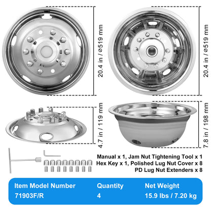 19.5-inch 10 Lug Wheel Simulators, 304 Stainless Steel Wheel Simulator Kit with Mirror Polished Finish, 2 Front and 2 Rear Wheel Covers Fit for For Ford F450/F550 (2005-2020), 4 pcs
