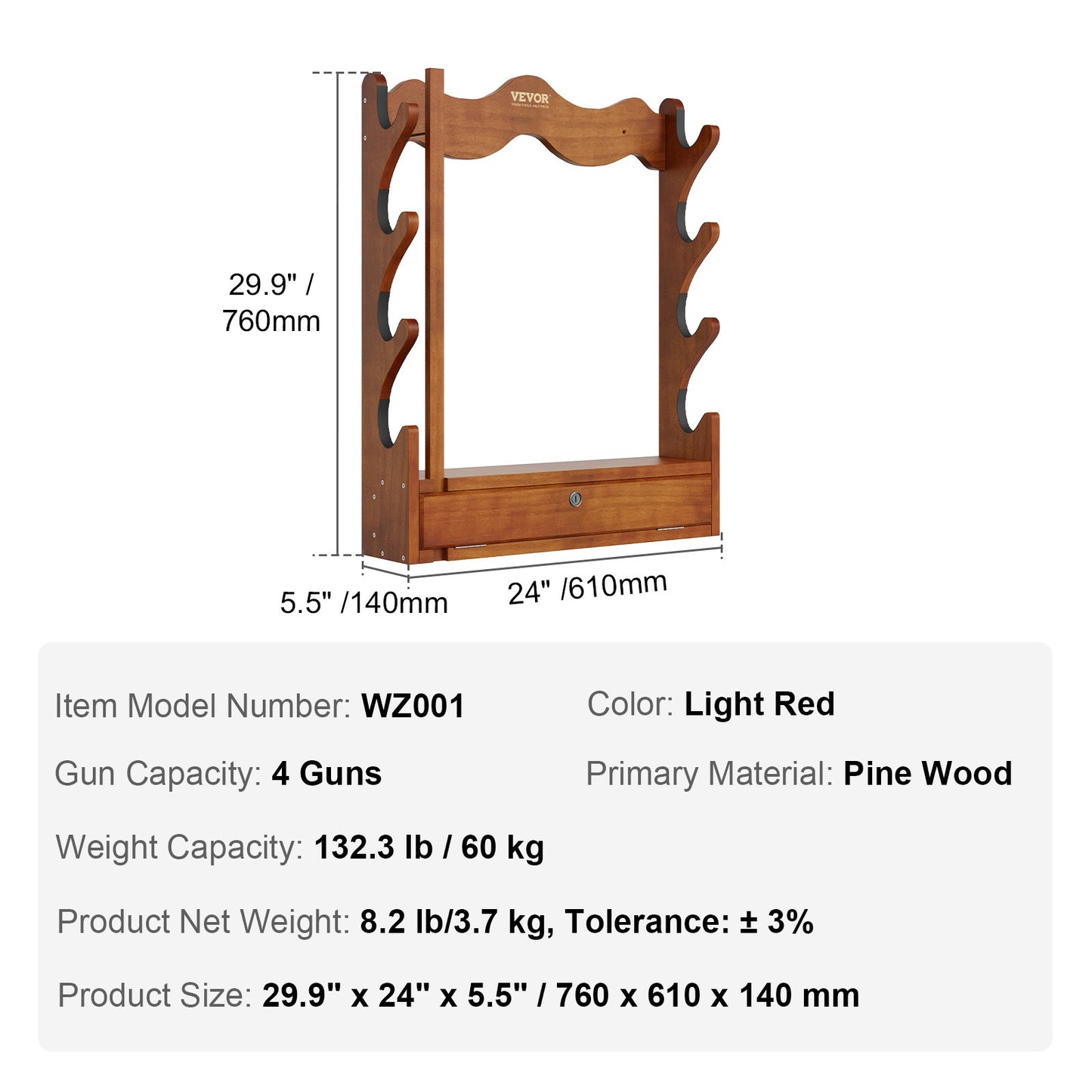 Waffenständer, 4-stufiger Waffenständer aus Holz, zur Wandmontage, Waffenständer für 4 Gewehre