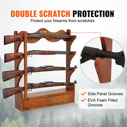 VEVOE Gun Rack, Wood Gun Rack Wall Mount, Gun Display Rack holds 4 Rifles, Shotguns, 132 lb Heavy Duty Wall Storage Display Rifle Rack with Soft Padding