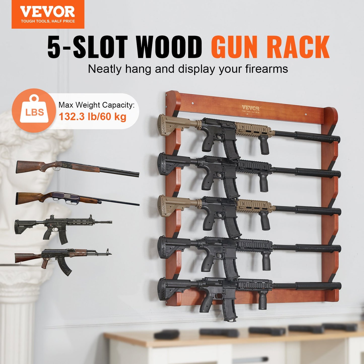 Gun Rack 5-fack Wood Gun Rack Väggmonterad Gun Display Rack rymmer 5 gevär