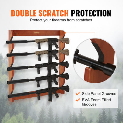 Gun Rack, Wood Gun Rack Wall Mount, Gun Display Rack holds 5 Rifles, Shotguns, 132 lb Heavy Duty Wall Storage Display Rifle Rack with Soft Padding