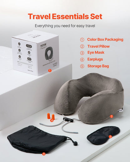 Travel Pillow, Neck Pillow for Traveling, Upgraded Bamboo Charcoal Memory Foam Travel Neck Pillow with Eye Mask, Earplugs and Storage Bag, Suitable for Plane Car Home Recliner Use(Dark Gray)