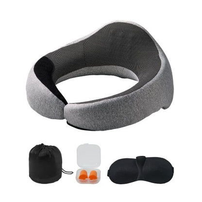 Travel Pillow, Double-Layered 3D Support Neck Pillow for Traveling, 360° Flexible Rotation Upgraded Memory Foam Travel Neck Pillow with Eye Mask, Earplugs, Earplug Case, Storage Bag(Black-Gray)