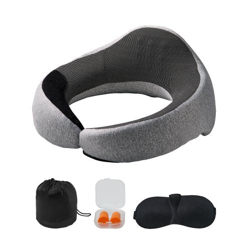 Travel Pillow, Double-Layered 3D Support Neck Pillow for Traveling, 360° Flexible Rotation Upgraded Memory Foam Travel Neck Pillow with Eye Mask, Earplugs, Earplug Case, Storage Bag(Black-Gray)