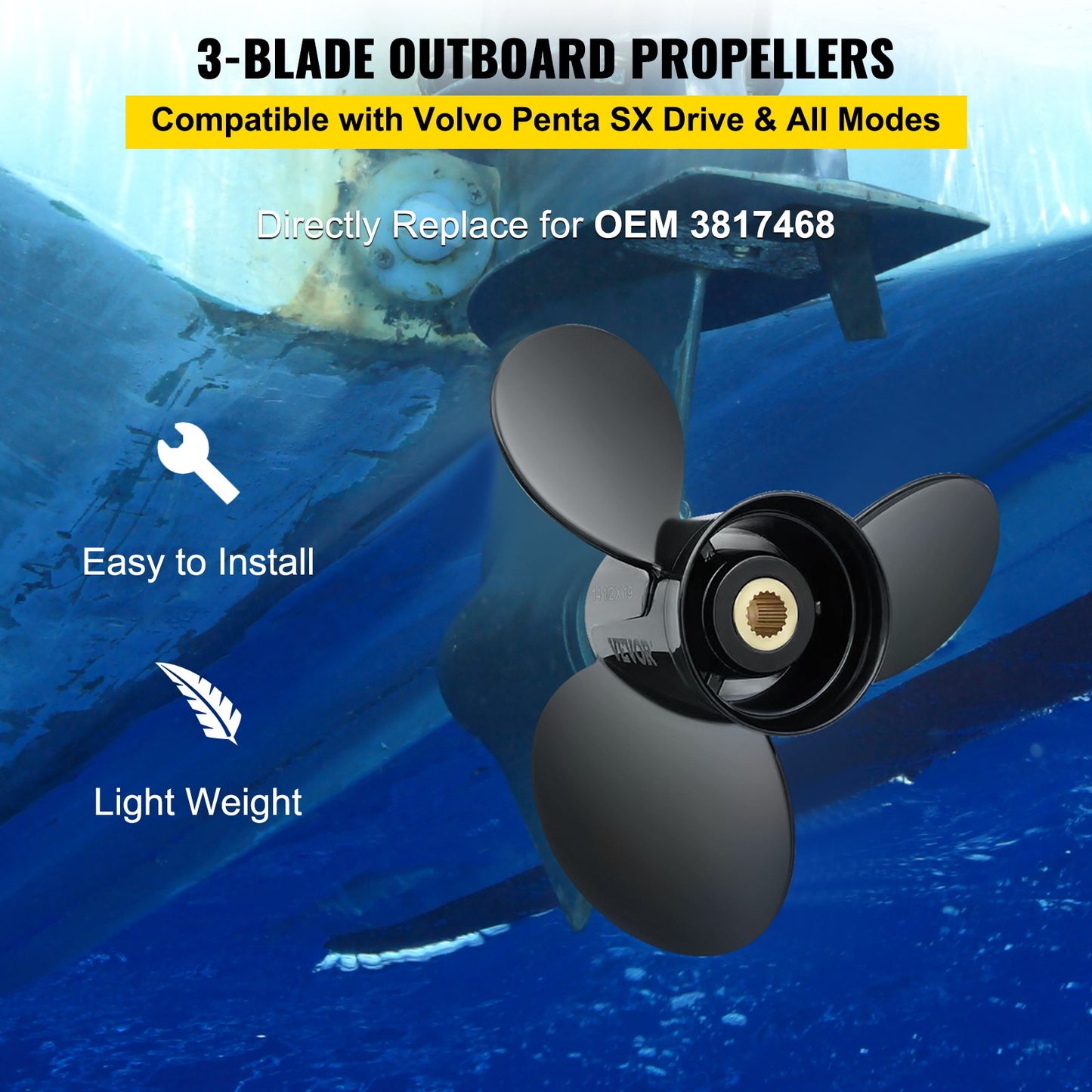 Utombordspropeller, Ersätt för OEM 3817468, 3-blads 14,5\" x 19\" Båtpropeller i aluminium, kompatibel med Volvo Penta SX Drive Alla modeller, med 19 kuggsplines, RH