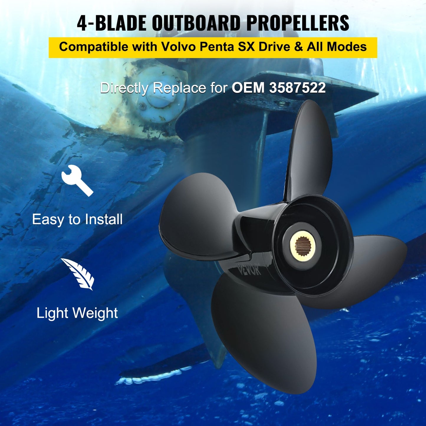 Außenbordpropeller, ersetzt OEM 3587522, 4-Blatt 14 1/4" x 19" Aluminium-Bootspropeller, kompatibel mit Volvo Penta SX-Antrieb, alle Modelle, mit 19-Zahn-Keilwellen, rechts