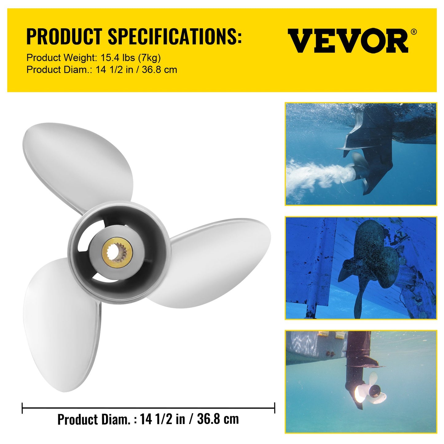 Außenbordpropeller, ersetzt OEM 3860709, 3-Blatt-Stahl-Bootspropeller mit 14,5 x 21 Zoll Steigung, kompatibel mit allen Modellen des Volvo Penta SX-Antriebs, mit 19-Zahn-Keilwellen, rechts