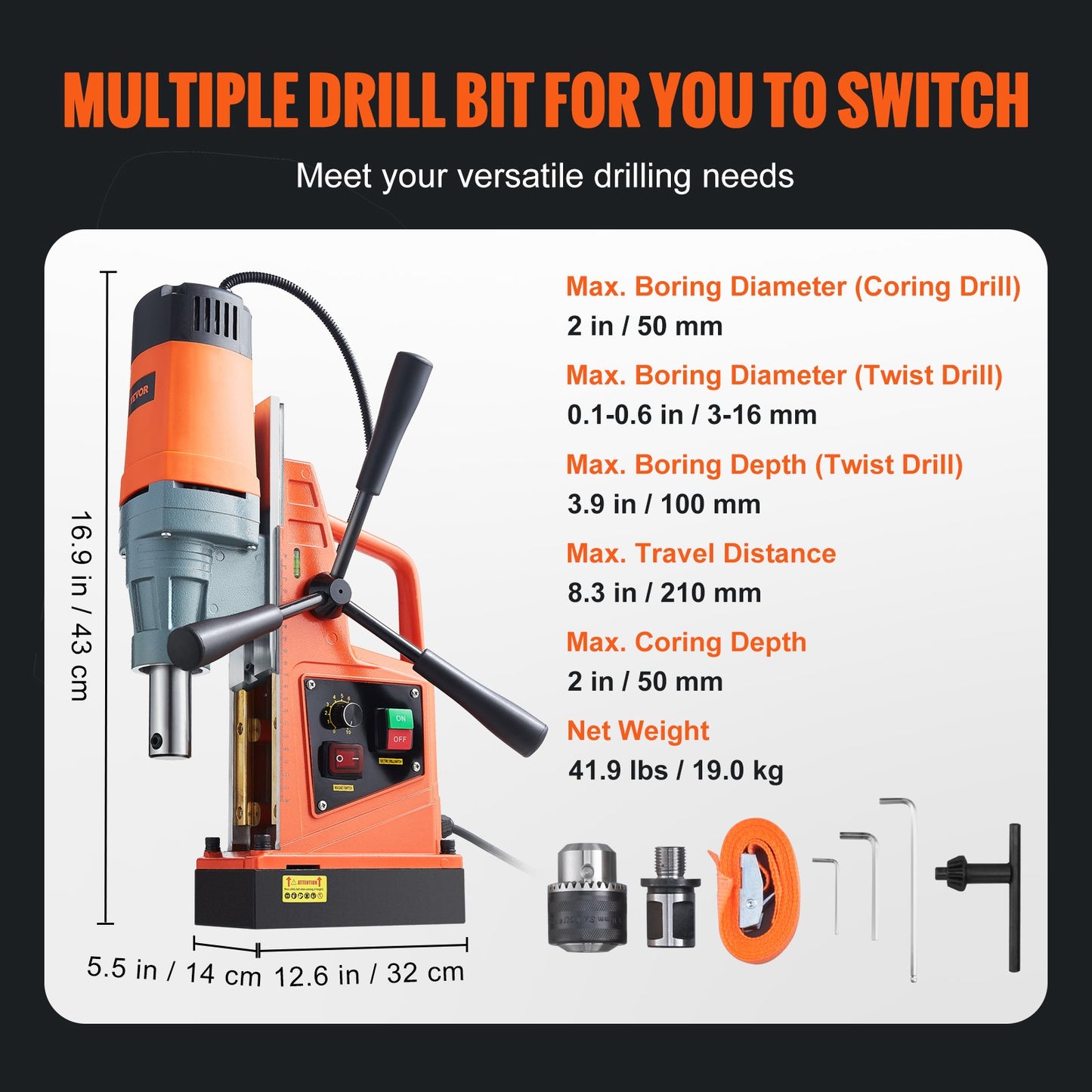 Magnetic Drill, 1550W 2" Boring Diameter, 2922lbf/13000N 500 RPM Portable Electric Mag Drill Press with Variable Speed, Drilling Machine for any Surface Home Improvement Industry Railway