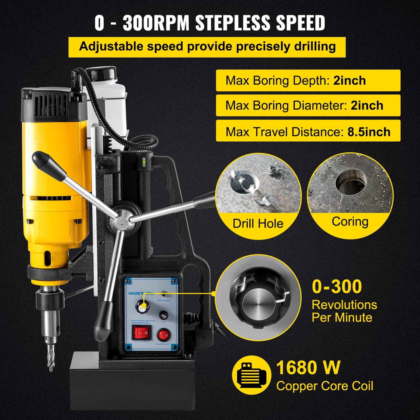 Mag Drill, 0-300 RPM Stepless Speed Electromagnetic Drill Press, 2\" Depth 2\" Dia Magnetic Core Drill, 2922lbf Boring Tool Drill Press, 1680 Watts Drill Press, Yellow and Black Drill Machine