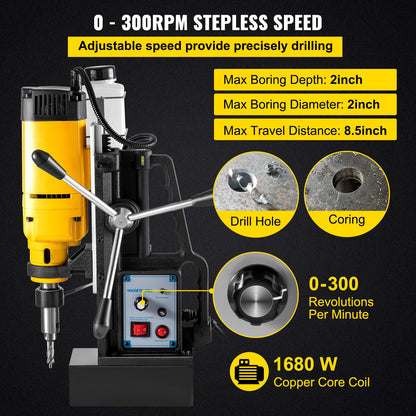 Mag Drill, 0-300 RPM Stepless Speed Electromagnetic Drill Press, 2\" Depth 2\" Dia Magnetic Core Drill, 2922lbf Boring Tool Drill Press, 1680 Watts Drill Press, Yellow and Black Drill Machine