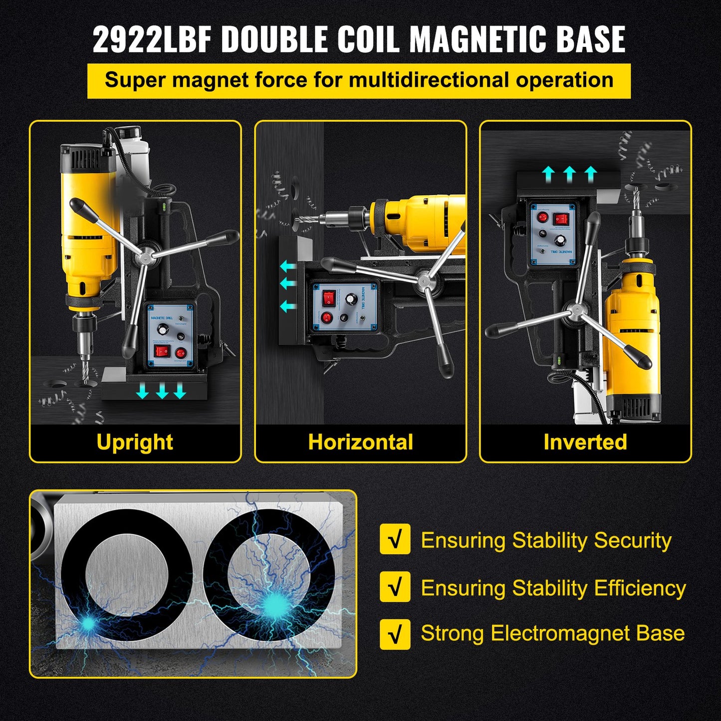 Mag Drill, 0-300 RPM Stepless Speed Electromagnetic Drill Press, 2\" Depth 2\" Dia Magnetic Core Drill, 2922lbf Boring Tool Drill Press, 1680 Watts Drill Press, Yellow and Black Drill Machine