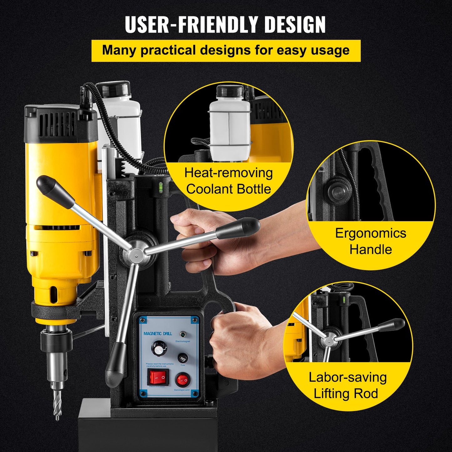 Mag Drill, 0-300 RPM Stepless Speed Electromagnetic Drill Press, 2\" Depth 2\" Dia Magnetic Core Drill, 2922lbf Boring Tool Drill Press, 1680 Watts Drill Press, Yellow and Black Drill Machine