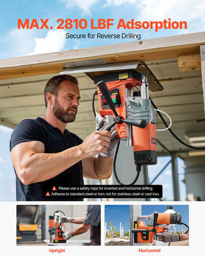 Magnetic Drill, 1300W Motor 1.6 in Boring Diameter, 2810 lbf Portable Electric Mag Drill Press, 810 RPM No-Load Speed, Drilling Machine for Metal Surface, Industrial and Home Improvement