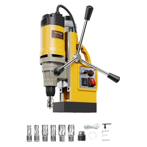 Magnetic Drill, 1450W Motor 2 in Boring Diameter, 2878 lbf Electric Mag Drill Press, with 6 Coring Bits, Variable Speed, Drilling Machine for Metal Surface, Home Improvement Industry, Yellow