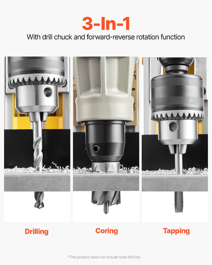 Magnetic Drill, 1450W Motor 2 in Boring Diameter, 2878 lbf Electric Mag Drill Press, with 6 Coring Bits, Variable Speed, Drilling Machine for Metal Surface, Home Improvement Industry, Yellow