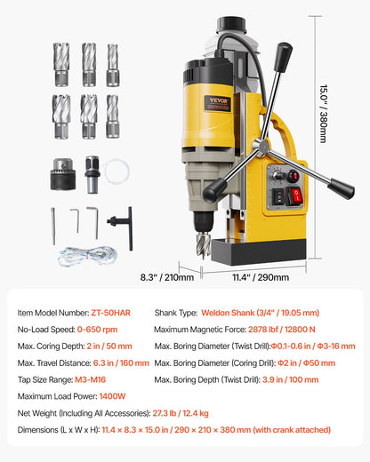 Magnetic Drill, 1450W Motor 2 in Boring Diameter, 2878 lbf Electric Mag Drill Press, with 6 Coring Bits, Variable Speed, Drilling Machine for Metal Surface, Home Improvement Industry, Yellow