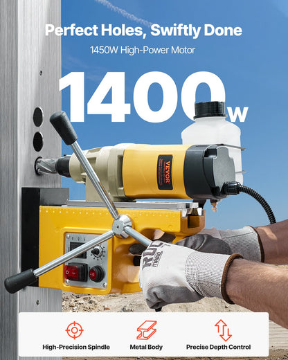 Magnetbohrmaschine, 1400 W, 2878 lbf, Magnetbohrmaschine, 2 Zoll Bohrdurchmesser, 6 Bits, Gelb