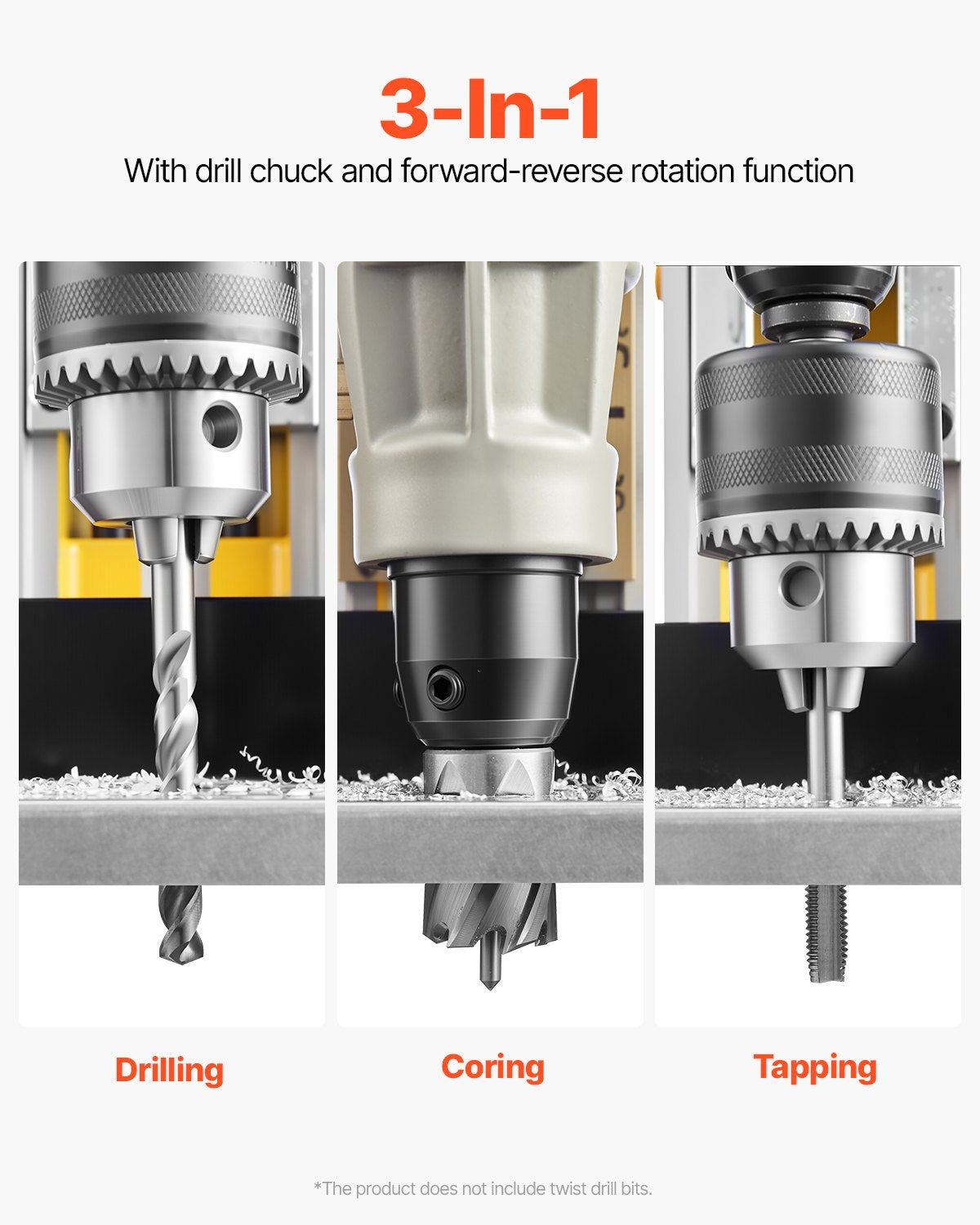 Magnetbohrmaschine, 1400 W, 2878 lbf, Magnetbohrmaschine, 2 Zoll Bohrdurchmesser, 6 Bits, Gelb