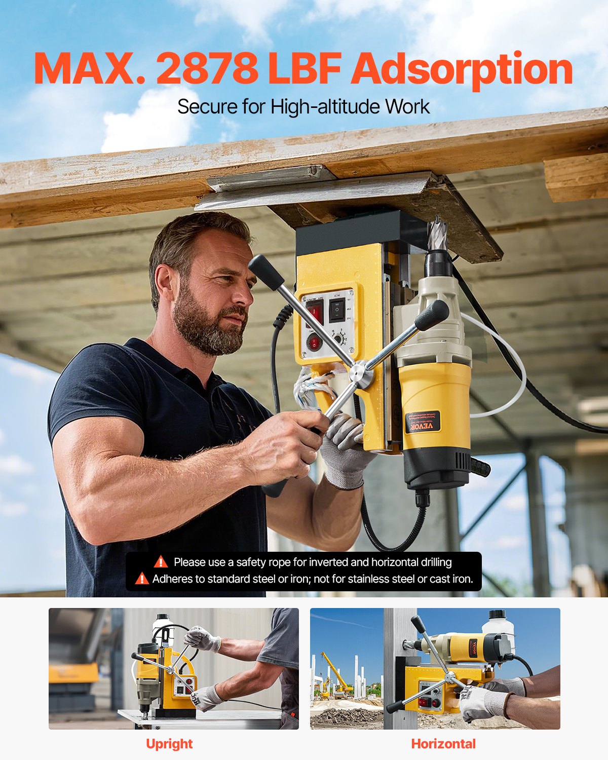 Magnetbohrmaschine, 1400 W, 2878 lbf, Magnetbohrmaschine, 2 Zoll Bohrdurchmesser, 6 Bits, Gelb