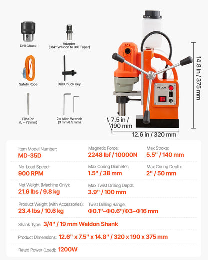 Magnetic Drill Press, 1200 W, 1.5 in Boring Diameter, 2248 lbf Power Mag Drill Press, 900 RPM Speed, with Weldon Shank, Efficient Cooling, for Metal Surface, Industrial and Home Improvement