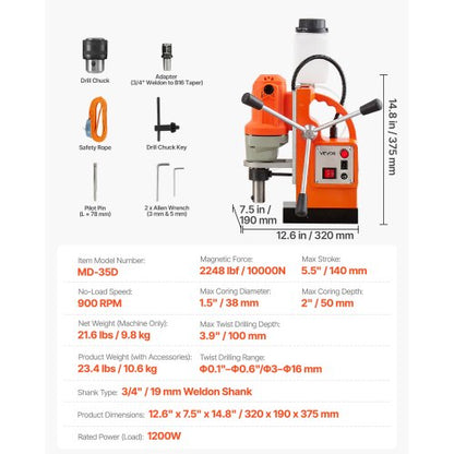 Magnetisk borrpress Magnetisk borrpress 1200 W 38 mm Borrdiameter 900 varv/min |  EU
