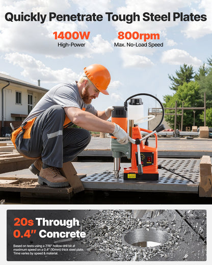 Magnetic Drill Press, 1400 W, 2 in Boring Diameter, 2810 lbf Power Portable Mag Drill Press, 0–800 RPM Adjustable Speed, with Weldon Shank, for Metal Surface, Industrial and Home Improvement