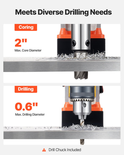 Magnetic Drill Press, 1400 W, 2 in Boring Diameter, 2810 lbf Power Portable Mag Drill Press, 0–800 RPM Adjustable Speed, with Weldon Shank, for Metal Surface, Industrial and Home Improvement