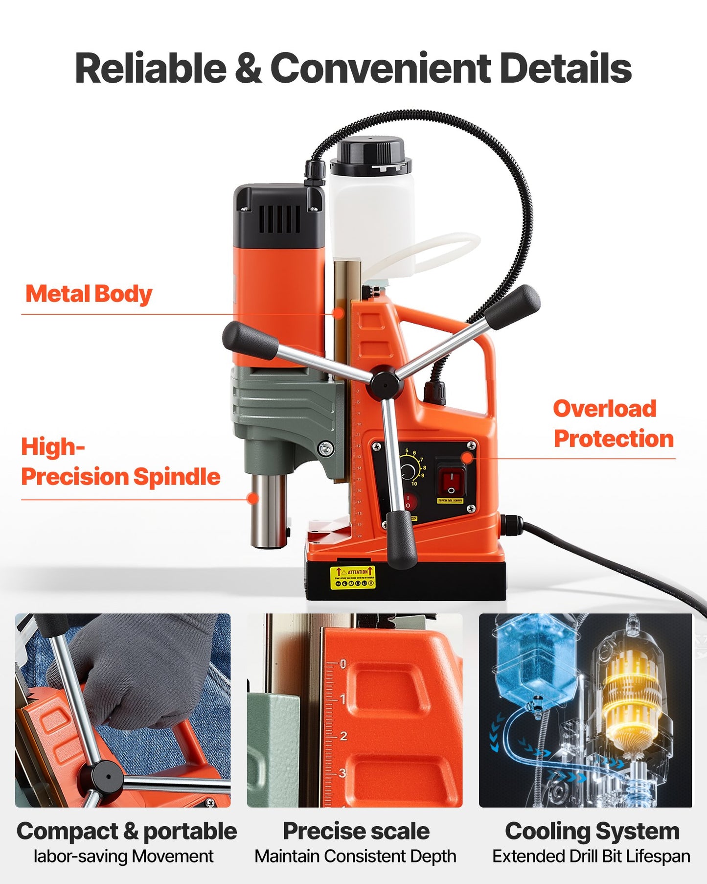 Magnetic Drill Press, 1400 W, 2 in Boring Diameter, 2810 lbf Power Portable Mag Drill Press, 0–800 RPM Adjustable Speed, with Weldon Shank, for Metal Surface, Industrial and Home Improvement