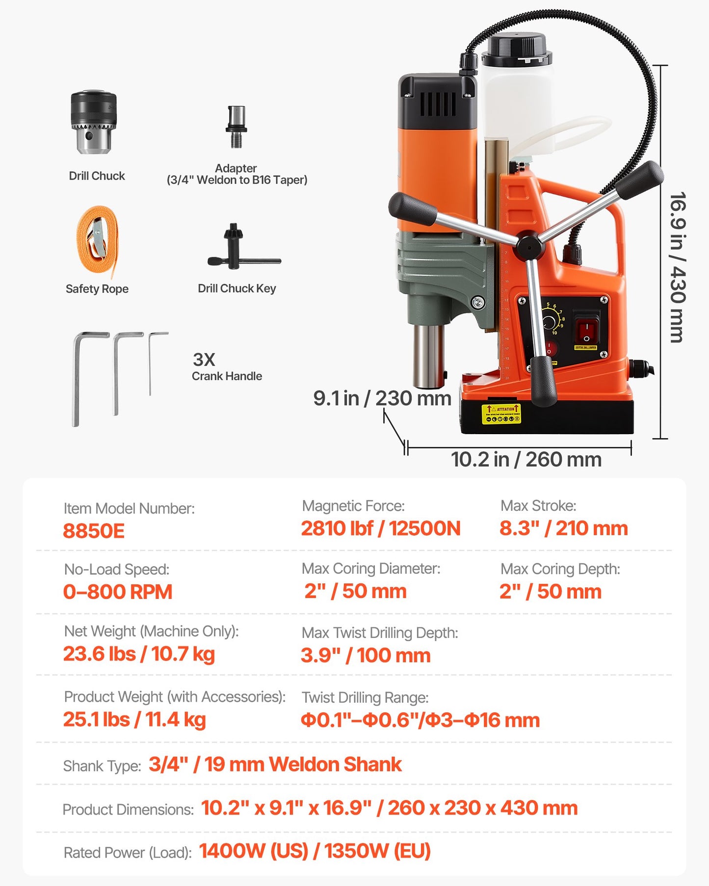 Magnetic Drill Press, 1400 W, 2 in Boring Diameter, 2810 lbf Power Portable Mag Drill Press, 0–800 RPM Adjustable Speed, with Weldon Shank, for Metal Surface, Industrial and Home Improvement