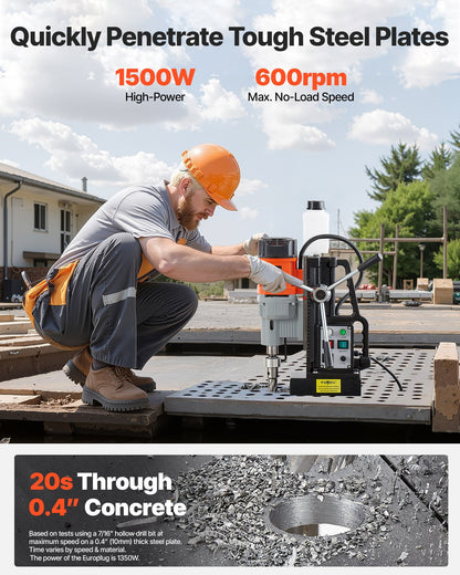 Magnetic Drill Press, 1550 W, 2.4 in Boring Diameter, 2922 lbf Power Mag Drill Press, 0-600 RPM Adjustable Speed, Morse Taper, M3-M16 Tapping, for Metal Surface, Industrial and Home Improvement