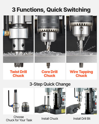 Magnetic Drill Press, 1550 W, 2.4 in Boring Diameter, 2922 lbf Power Mag Drill Press, 0-600 RPM Adjustable Speed, Morse Taper, M3-M16 Tapping, for Metal Surface, Industrial and Home Improvement